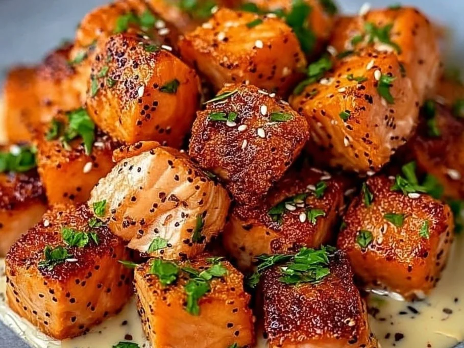 Bang Bang Salmon Bites served on a plate with dipping sauce