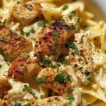 Creamy Boursin chicken pasta served in a bowl with fresh herbs.