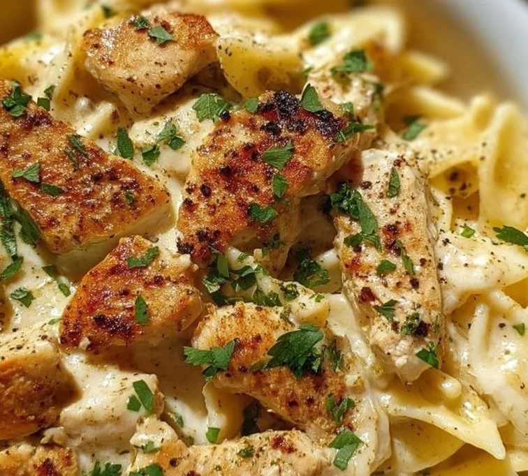 Creamy Boursin chicken pasta served in a bowl with fresh herbs.