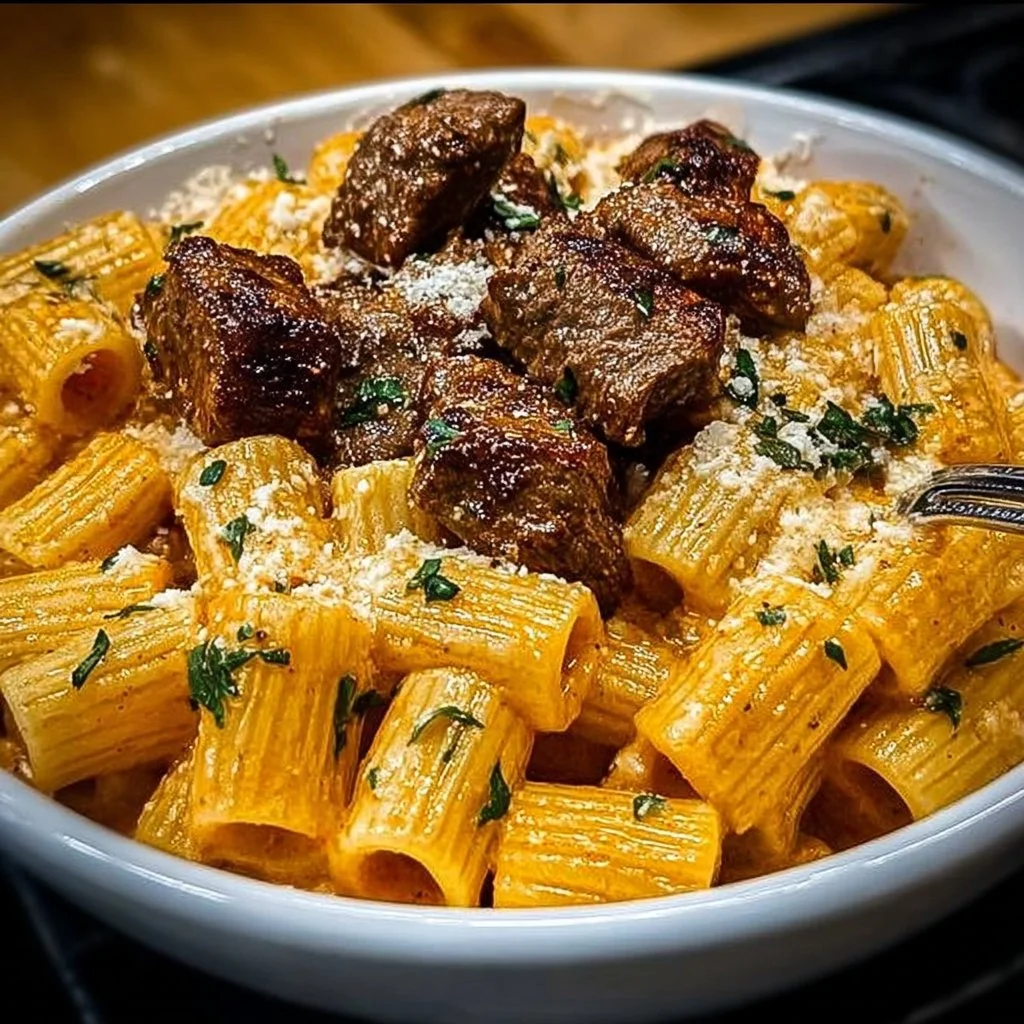 Cajun steak tips served with creamy parmesan rigatoni on a plate