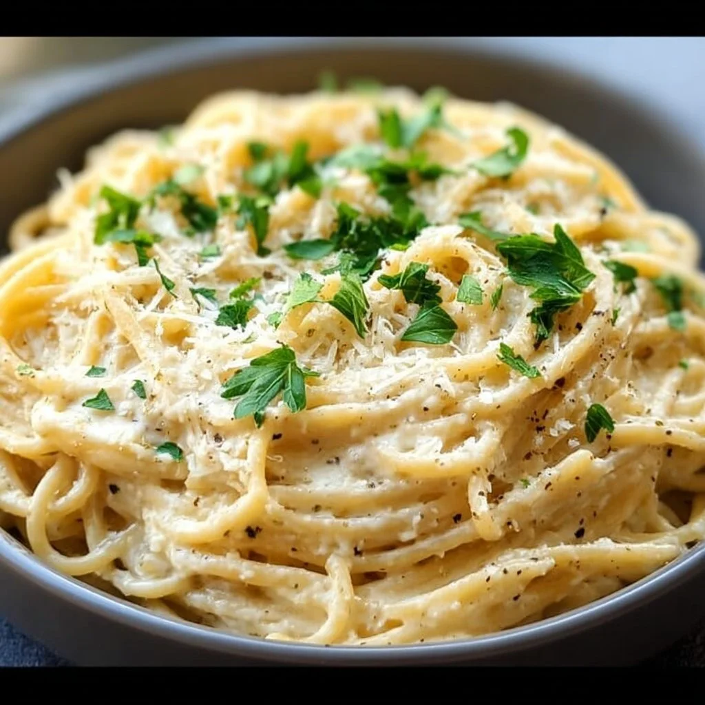 Delicious garlic parmesan spaghetti topped with cheese and herbs