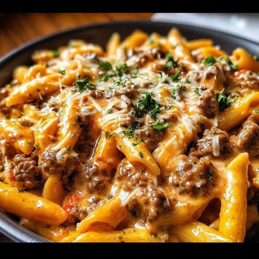 Creamy beef pasta dish served in a bowl with fresh herbs