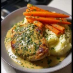 Creamy Herb Chicken served with mashed potatoes and glazed carrots on a plate