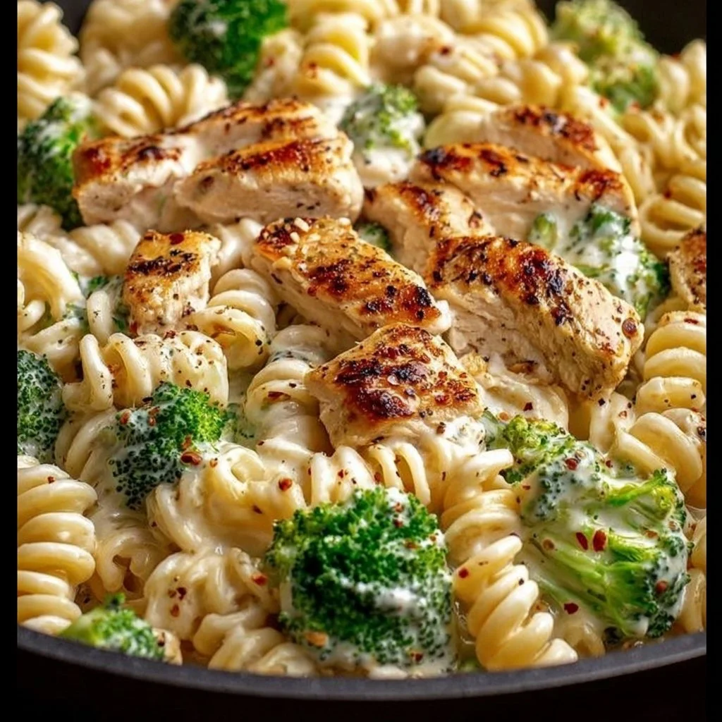 Creamy Rotisserie Chicken Broccoli Pasta with a rich sauce and vegetables