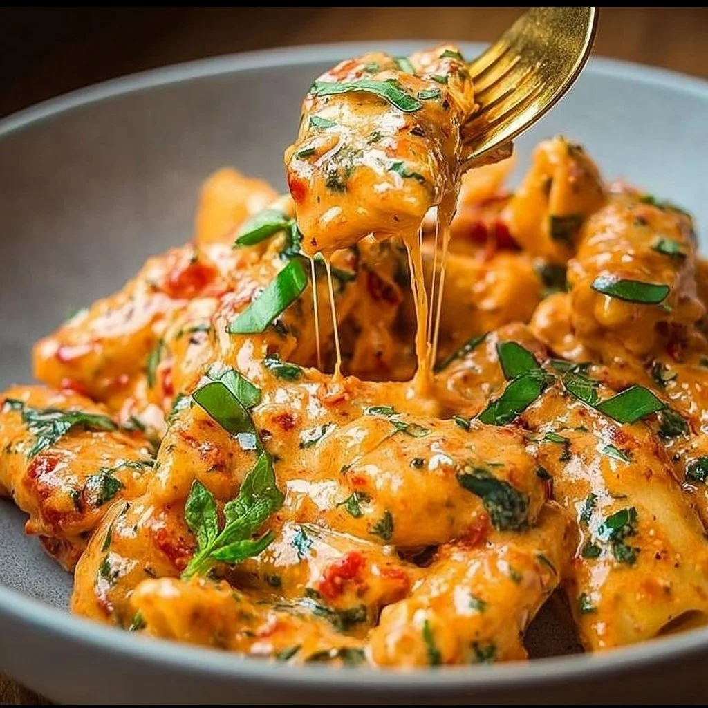 Creamy tomato garlic pasta served with fresh basil and grated cheese