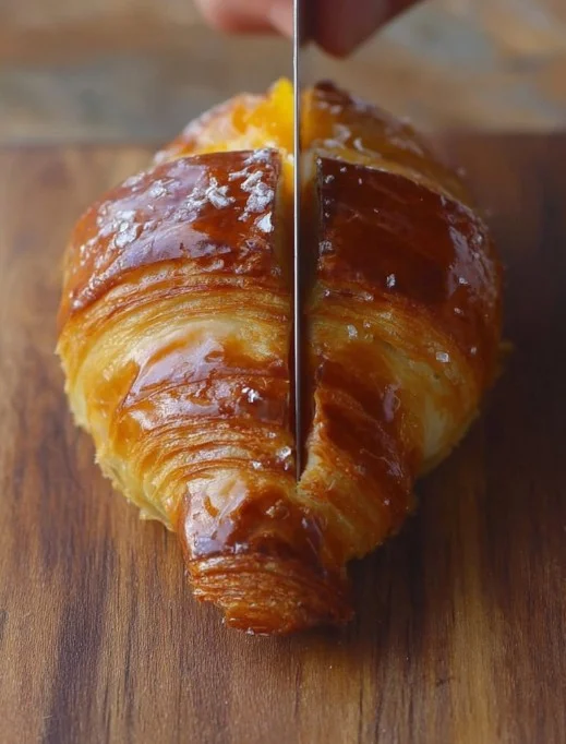 Freshly baked homemade croissant on a rustic table