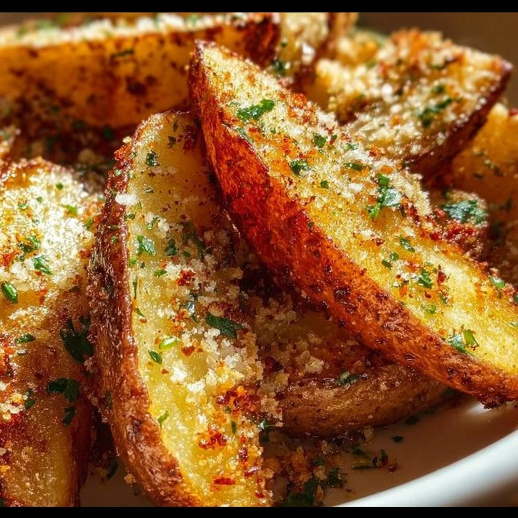 Crispy Garlic Parmesan Potato Wedges served on a plate