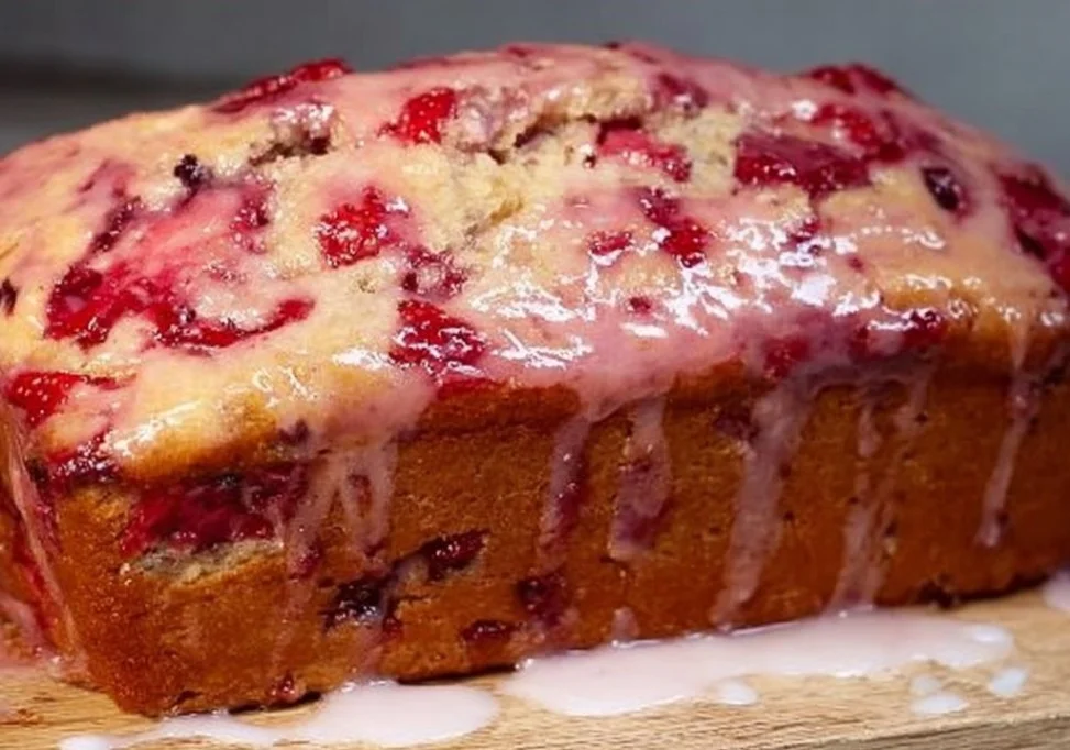 Glazed strawberry bread loaf with fresh strawberries on top