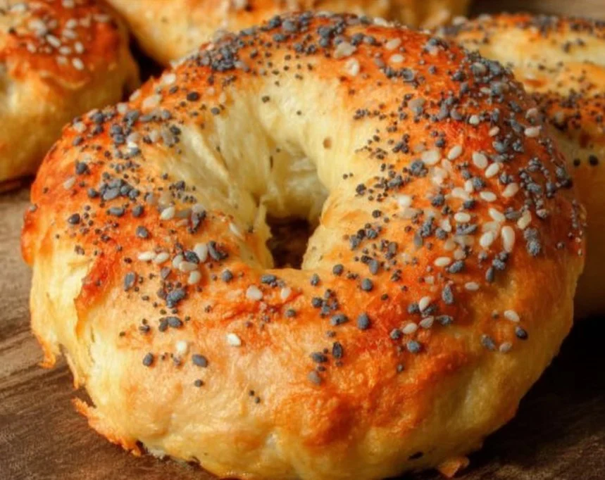 Freshly baked high-protein bagels on a wooden table