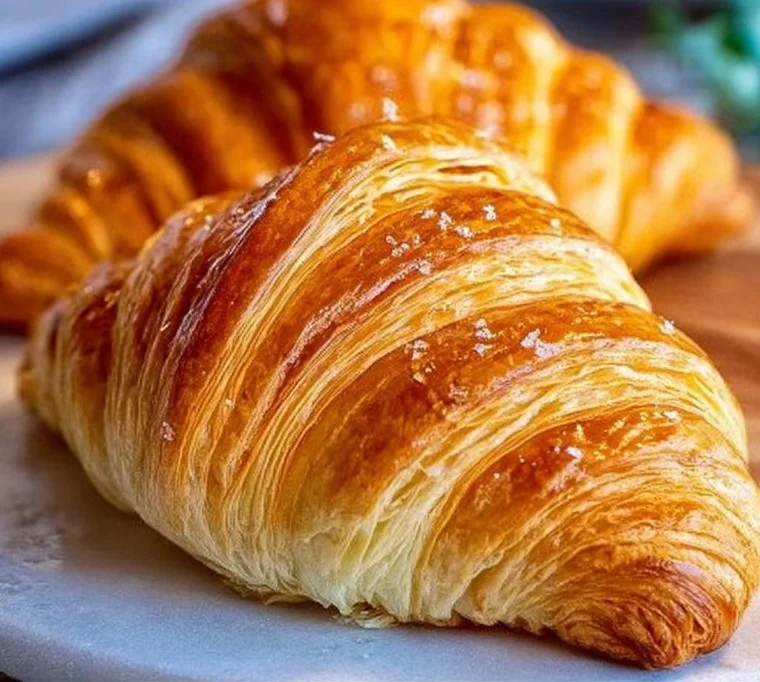 Freshly baked homemade croissants on a wooden table