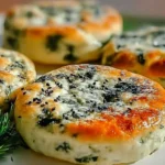 Spinach cottage cheese bagels served warm on a wooden board.