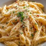 A bowl of one pot creamy garlic pasta garnished with parsley.