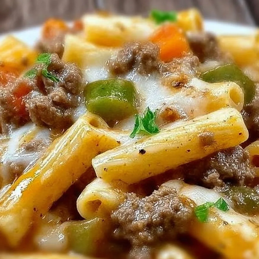 Delicious Philly Cheesesteak Pasta dish served with melted cheese and beef.