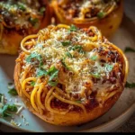 Spaghetti garlic bread bowls with melted cheese and herbs