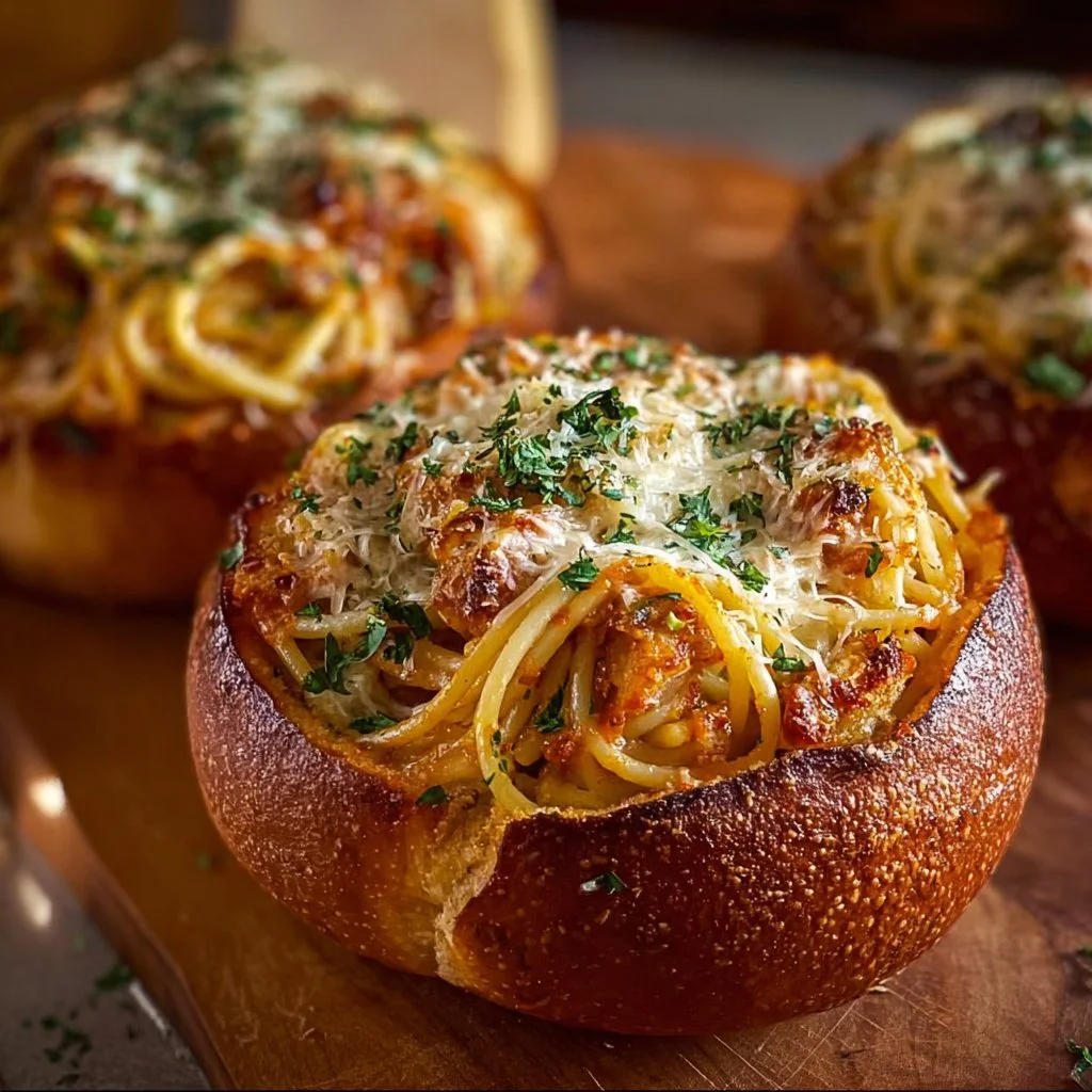 Spaghetti Garlic Bread Bowls