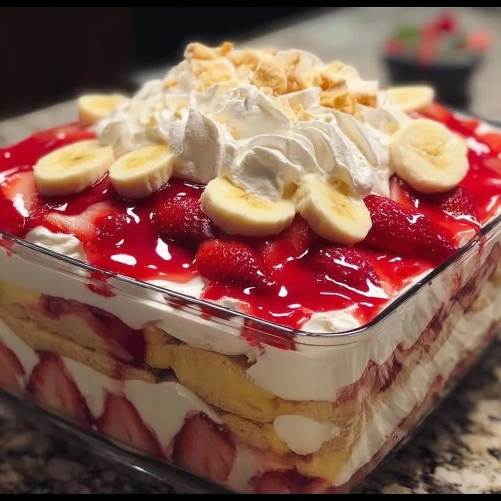 Delicious strawberry banana pudding topped with fresh strawberries and bananas