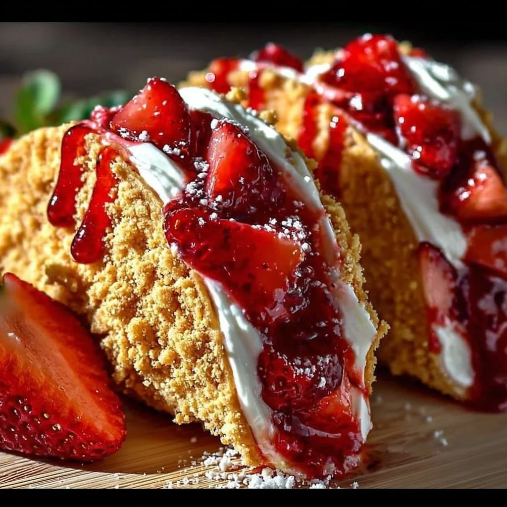 Delicious Strawberry Crunch Cheesecake Tacos served on a plate with fresh strawberries.