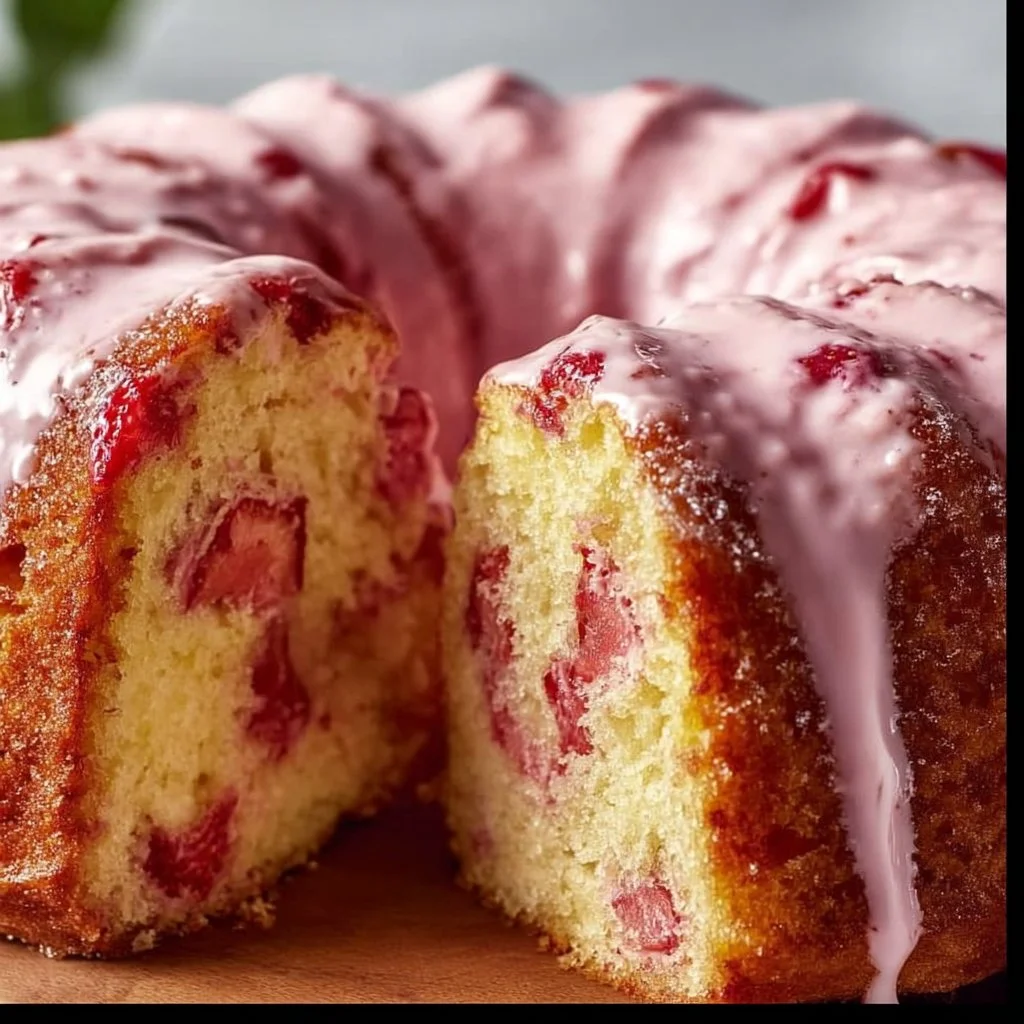 Delicious slice of strawberry milkshake pound cake topped with fresh strawberries.