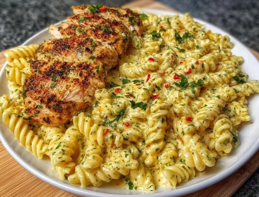 Creamy garlic parmesan chicken pasta served in a bowl with parsley garnish