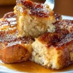 Delicious Traditional French Toast Casserole topped with maple syrup and berries