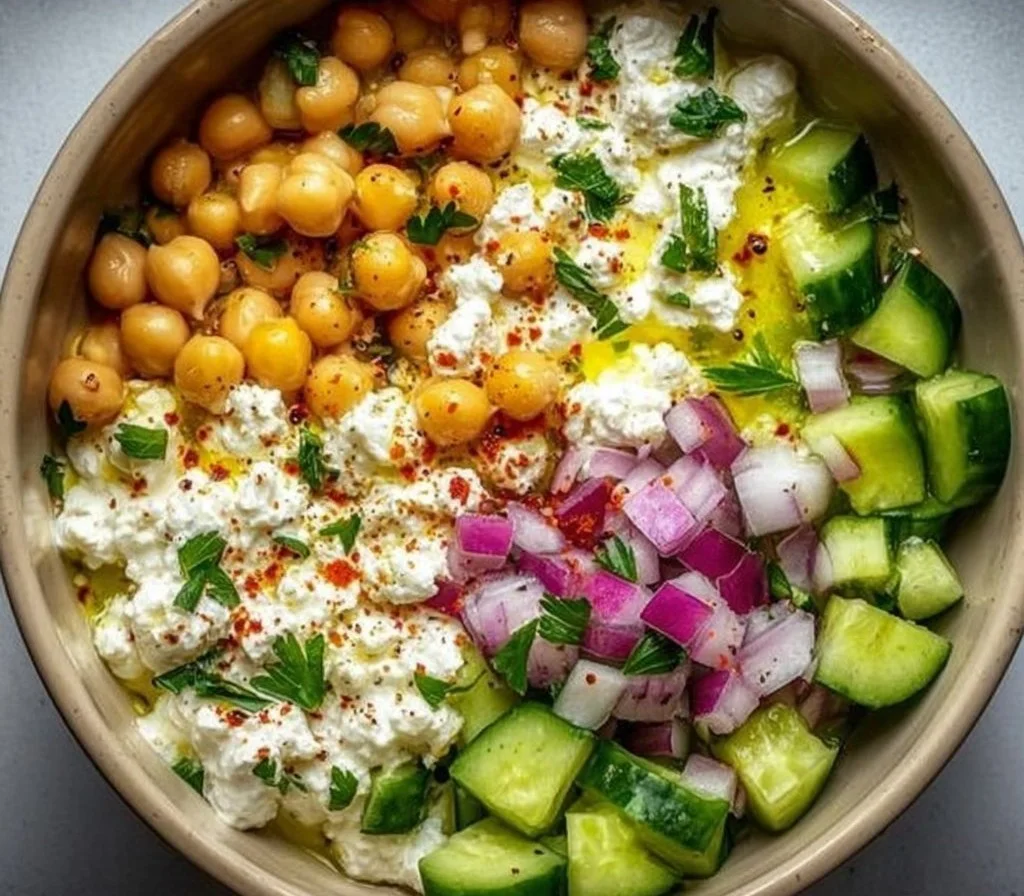 Wholesome cottage cheese and chickpea salad in a colorful bowl